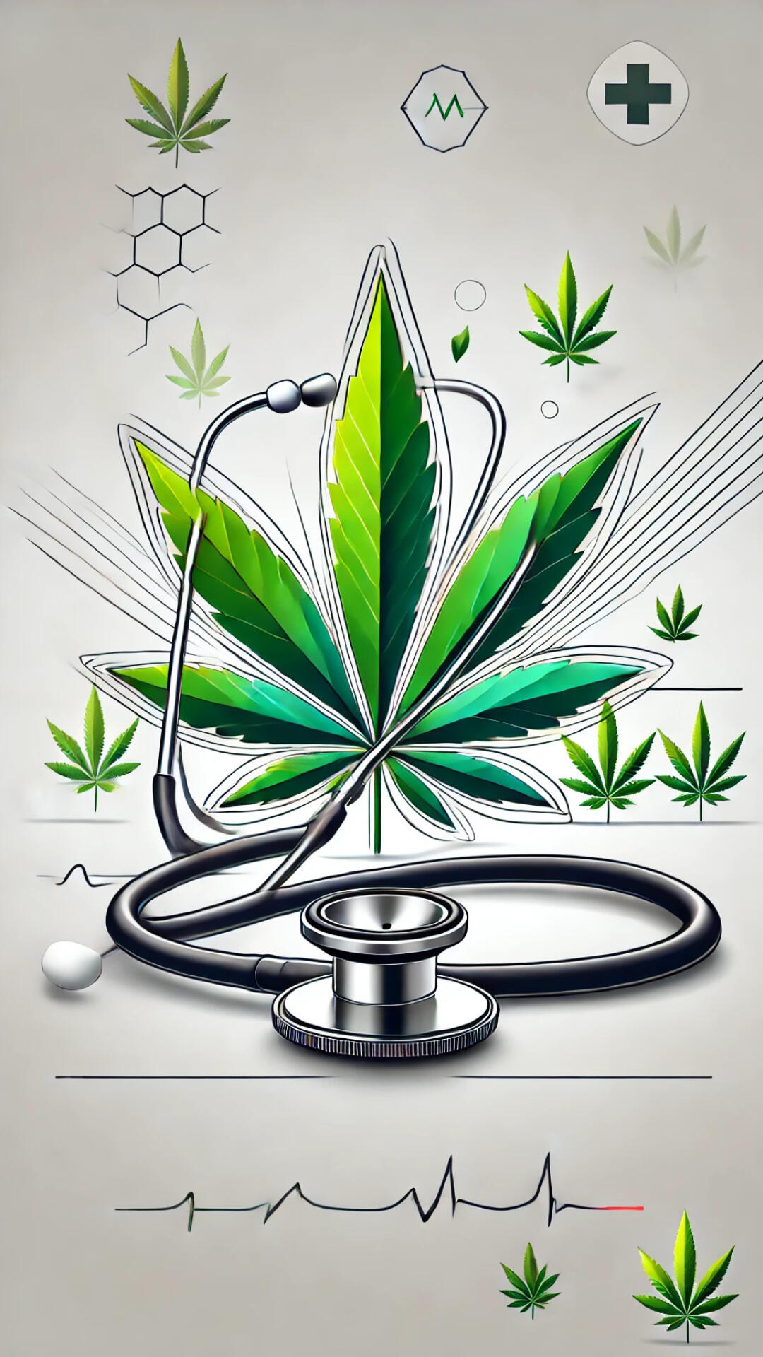 Medical Cannabis Symbolized A vibrant green cannabis leaf encircled by a stethoscope, symbolizing the integration of cannabis