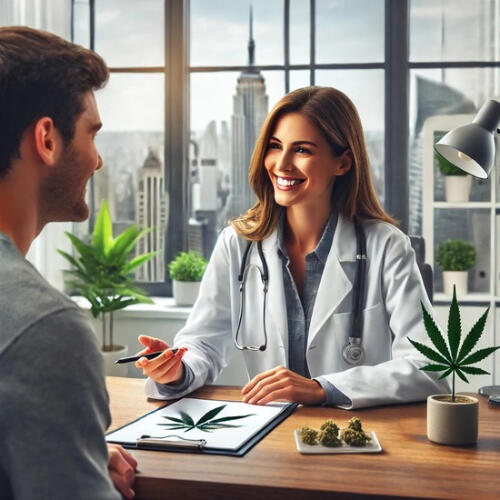 Compassionate Medical Cannabis Consultation A smiling female doctor in a bright, modern office discussing medical cannabis treatment options with a male patient. The desk features cannabis-related items, including a leaf drawing and a small jar of cannabis buds. The city skyline is visible.